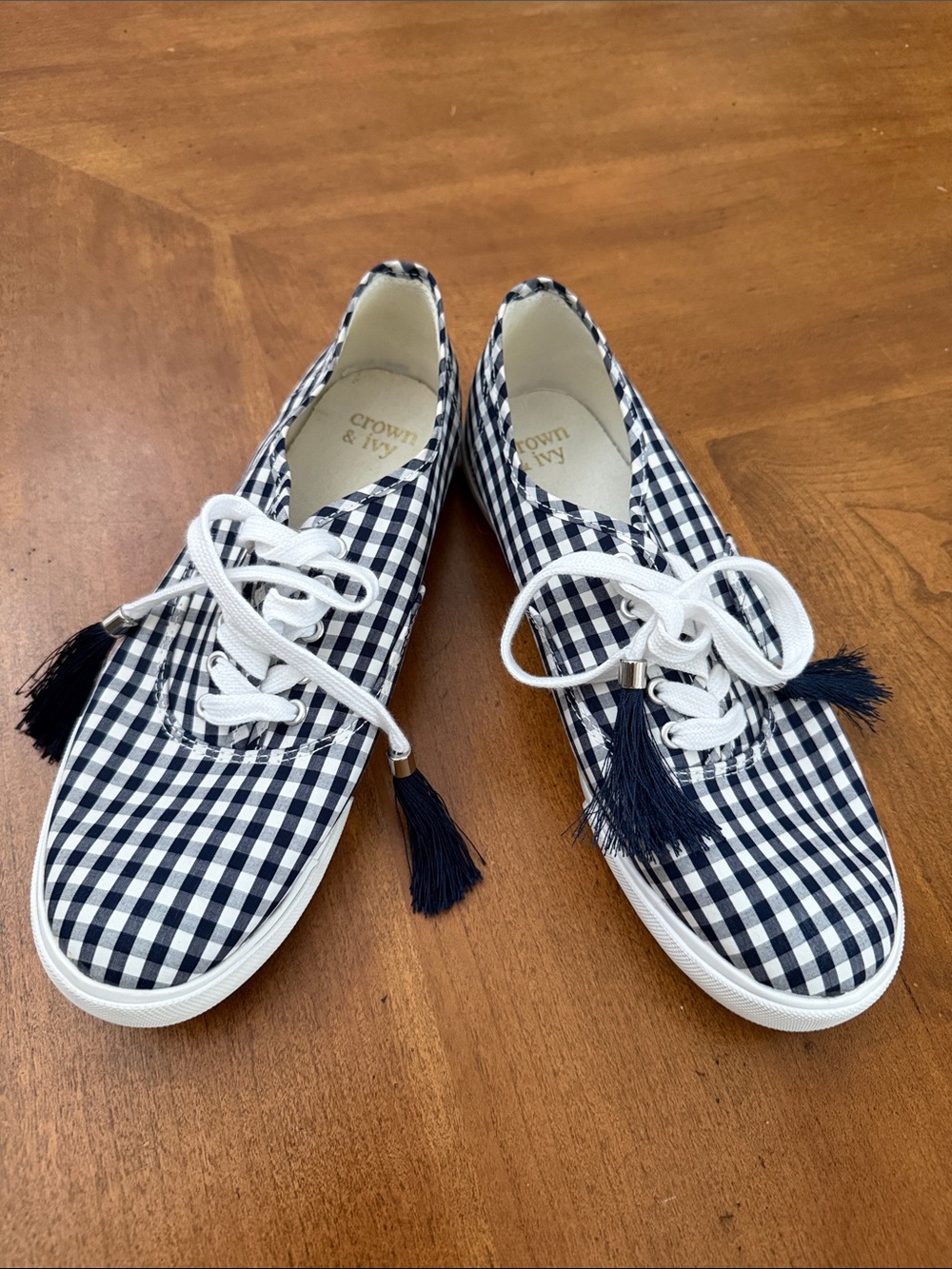 crown & ivy Navy and White Gingham Lace-Up Sneakers with Tassels
